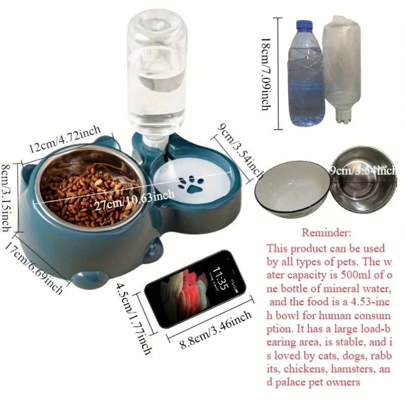 2-in-1 Automatic Pet Feeder & Water Dispenser, Stainless Steel & Plastic, Non-Slip Base, Dual Bowls with Paw Print Design for Cats and Small Dogs, No Batteries or Power Needed, Dog Feeder And Water Dispenser